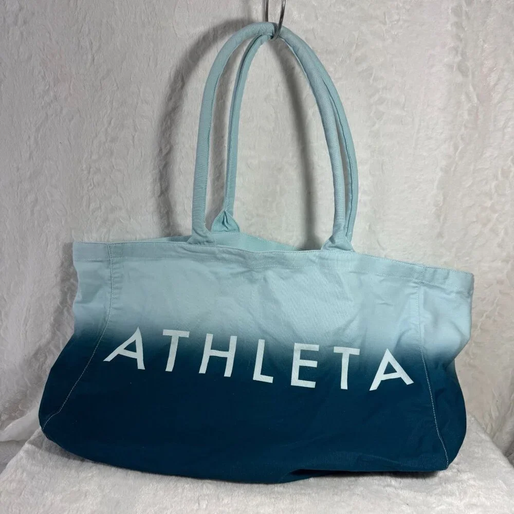 Athleta Ombre Blue White Tote Bag 100% Cotton Beach Bag Gym Canvas Shopping - Picture 1 of 7